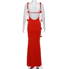 Flower applique backless solid v neck ribbon cami maxi dress | red tango dress