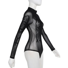 Long sleeve high neck sheer mesh eye print bodysuit