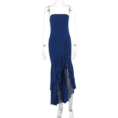 Ruffle ruched irregular solid tube maxi dress