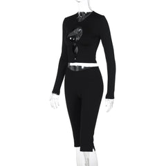 Long sleeve hollow out bowknot pant set