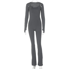 U neck long sleeve solid shrug 2 piece cami jumpsuit