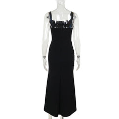 Square neck ruched lace up lace hem maxi dress