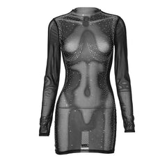 Long sleeve body pattern beaded sheer mesh mini dress | samba dress