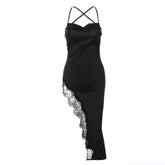 Hem lace slit satin cross open back dress | black rave dress | black rave dress