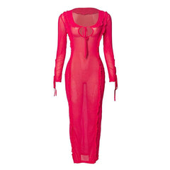 Ruffle turtle neck sheer mesh see through long sleeve maxi dress | red tango dress | samba dress