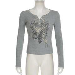 Long sleeve abstract ribbed button top