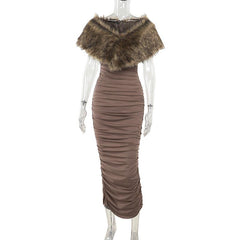 Ruched fluffy shrug slit cami maxi dress