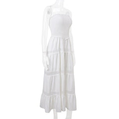 Smocked ruched lace patchwork tube midi dress