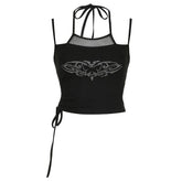 Halter fishnet beaded drawstring ruched cami top