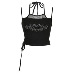 Halter fishnet beaded drawstring ruched cami top