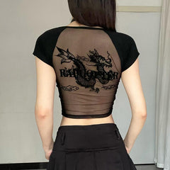 Short sleeve u neck dragon print mesh patchwork top