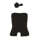 Button solid flower applique halter ruched backless tube crop top