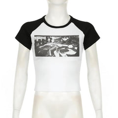 Short sleeve crewneck ribbed print top