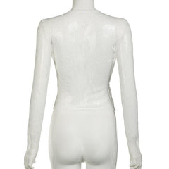 Long sleeve lace see through self tie top