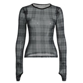 Long sleeve plaid crewneck mesh top