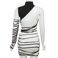 High neck gloves irregular hollow out contrast mini dress