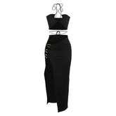 Halter cross front self tie o ring high slit maxi dress | black rave dress