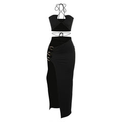 Halter cross front self tie o ring high slit maxi dress | black rave dress