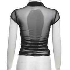 Cap sleeve mesh turnover collar ruched button top