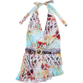 Irregular halter deep V neck print sheer mesh mini dress | samba dress