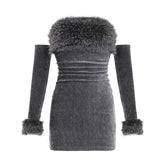 Fluffy gloves beaded tube mini dress