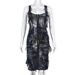 Tie dye button tassels square neck tank midi dress