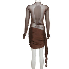 Long sleeve gloves mesh ruched patchwork mini dress