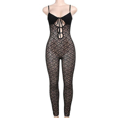 V neck hollow out solid lace cami jumpsuit