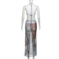 Halter self tie deep V neck sheer mesh shell applique maxi dress | samba dress
