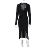 Turnover collar long sleeve slit self tie midi dress | red tango dress