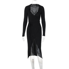 Turnover collar long sleeve slit self tie midi dress | red tango dress
