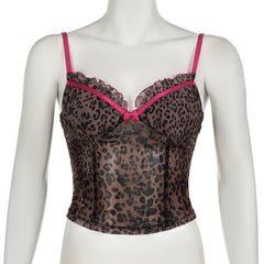 Bowknot ruffle leopard print mesh cami top