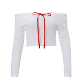 Long sleeve off shoulder bowknot ribbon top