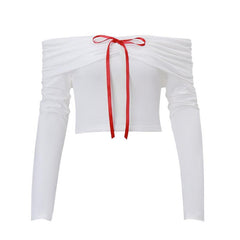 Long sleeve off shoulder bowknot ribbon top