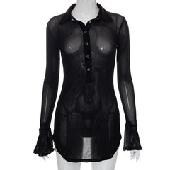 Sheer mesh see through button turnover collar flared sleeve mini dress | samba dress