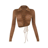 Turnover collar long sleeve lace up lace crop top