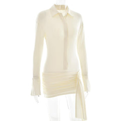 Turnover collar long sleeve button ruched mini dress