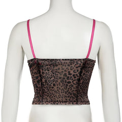 Bowknot ruffle leopard print mesh cami top