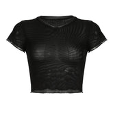 Short sleeve sheer mesh ruffle crop top
