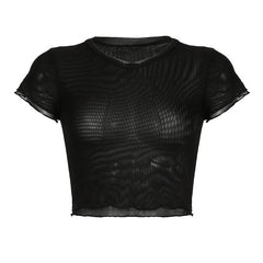 Short sleeve sheer mesh ruffle crop top
