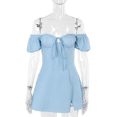 Off shoulder sweetheart neck self tie mini dress