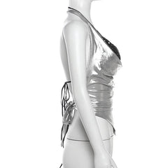 Halter metallic glitter cowl neck ruched 2 piece top