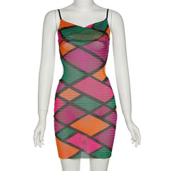 Hollow out sheer mesh see through print contrast cami dress | samba dress