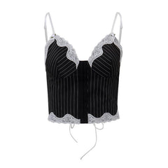 Striped lace hem stitch lace up cami top