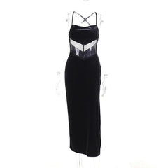 Cowl neck lace hem slit backless velvet cross back midi dress | black rave dress | black rave dress