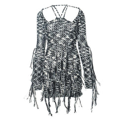 Long sleeve knitted tassels cross back contrast mini dress | black rave dress