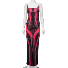 Body print contrast square neck backless cami maxi dress | red tango dress