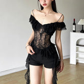 Off shoulder lace ruffle hollow out top