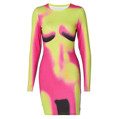 Long sleeve thermal crewneck body print mini dress