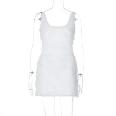 U neck fluffy zip-up backless cami mini dress